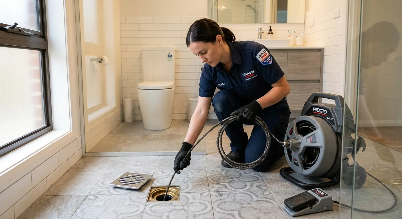 Technician clearing a bathroom floor drain for Drain Repair in Smyrna
